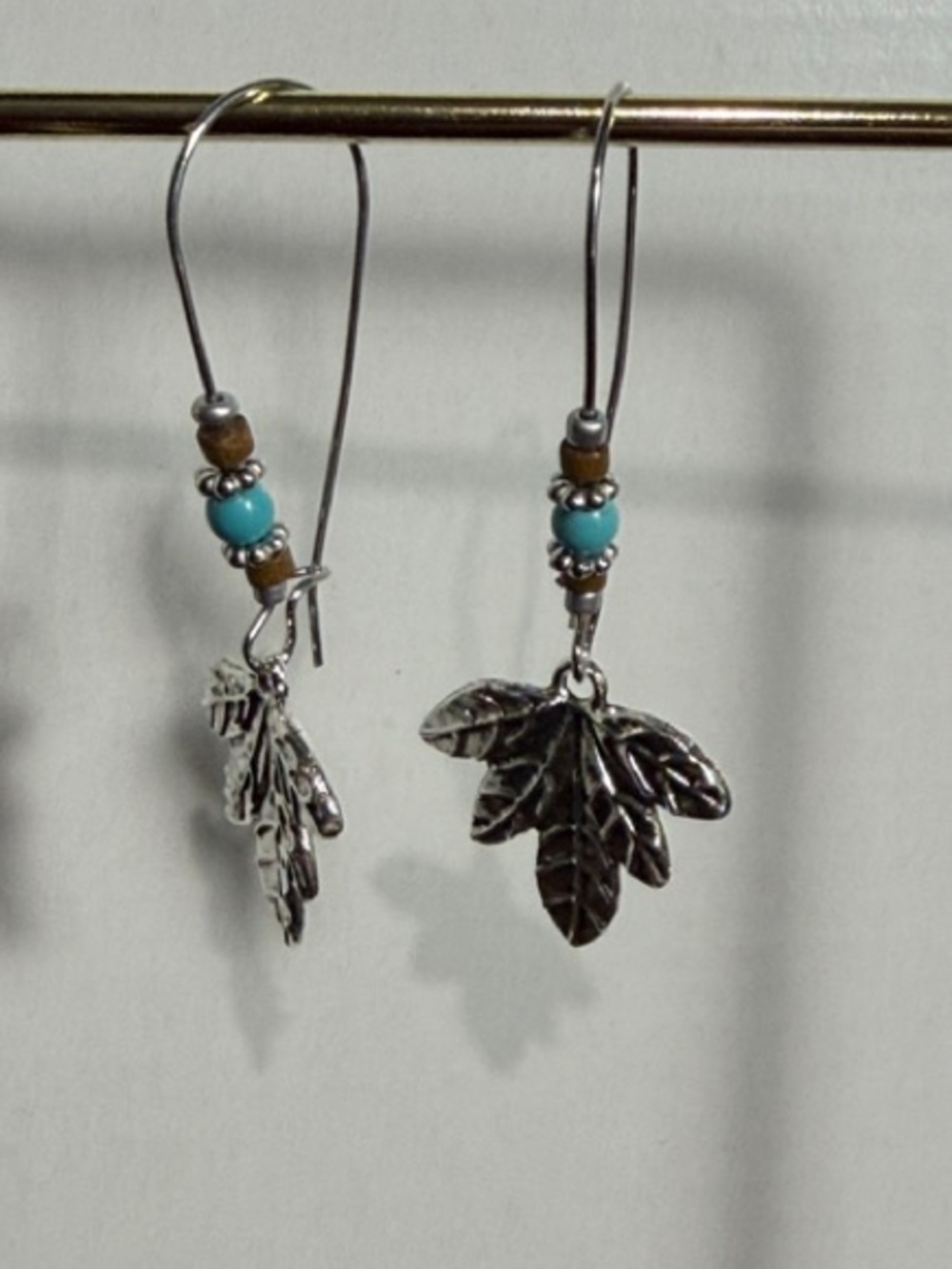 Boho Style Silver Leaf Dangle Earrings with Turquoise Beads - Women Jewelry